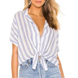 Rails Marley Button Down Linen Blend Blue White Stripe Blouse Size Small